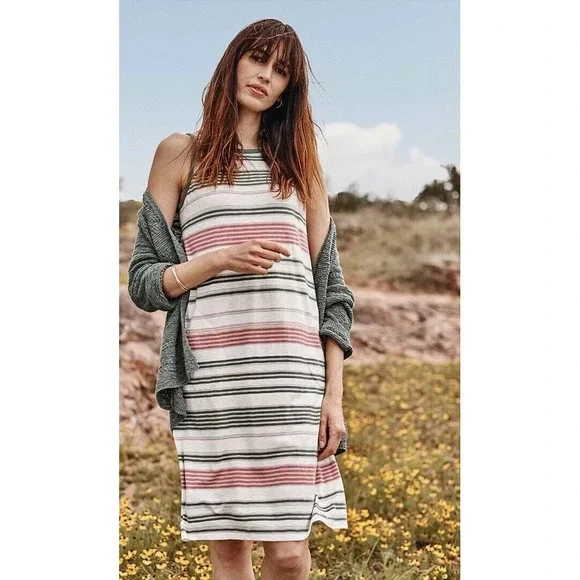 J Jill Women's Tank Dress Green Pink Striped Casual Preppy Lightweight Medium - Picture 1 of 12